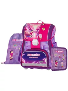   OXY Premium csatos iskolatáska szett tolltartóval és tornazsákkal, Playworld Girl, rózsaszín-lila