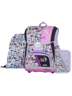   OXY Premium csatos iskolatáska szett tolltartóval és tornazsákkal, Funny Girl, rózsaszín-lila