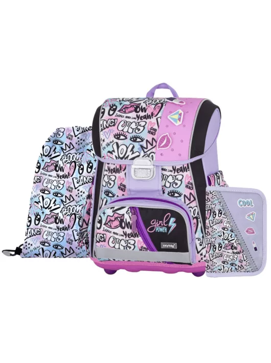 OXY Premium csatos iskolatáska szett tolltartóval és tornazsákkal, Funny Girl, rózsaszín-lila