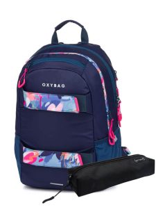   OXY Sport hátizsák, iskolatáska beledobálós tolltartóval, 3 rekeszes, 46x32x16cm, Flowers Blue, sötétkék virágos