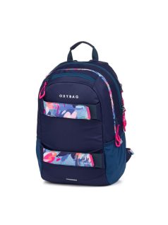   OXY Sport hátizsák, iskolatáska beledobálós tolltartóval, 3 rekeszes, 46x32x16cm, Flowers Blue, sötétkék virágos