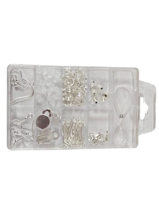 Szerelék ékszerkészítéshez, gyöngyfűzéshez 6x9,5cm-es dobozban