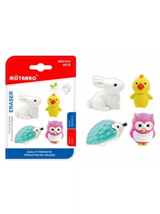 Radír állatfigurák (nyuszi, csibe, sün, bagoly), 3D, 4 db/szett