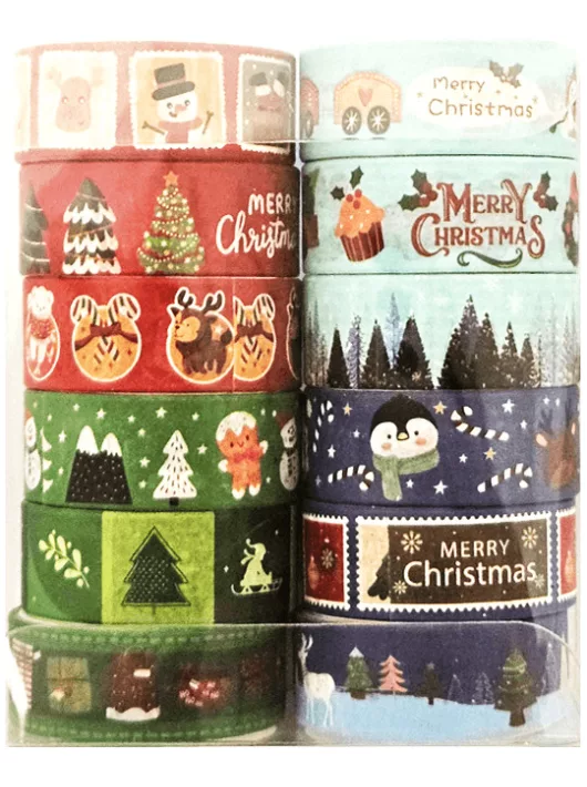 Karácsonyi washi tape 12 db/csomag, AL4209, kék-piros-zöld