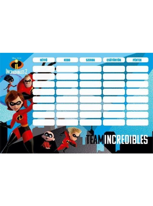 The Incredibles - A hihetetlen család 2. órarend 175x115mm, kétoldalas, The Incredibles 2 Team