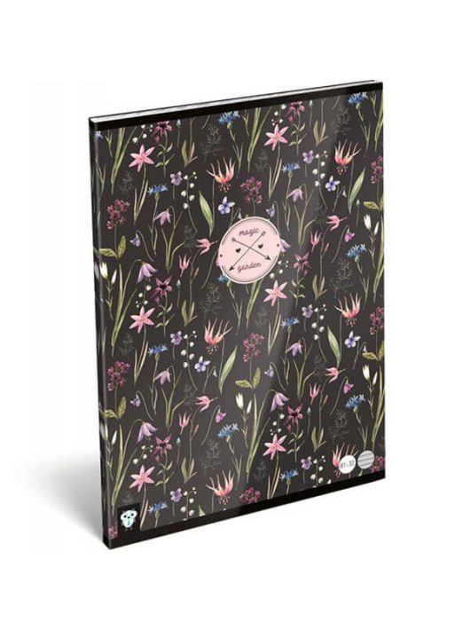 Lizzy Card virágos tűzött füzet A/4, 32 lap vonalas, Magic Garden, fekete