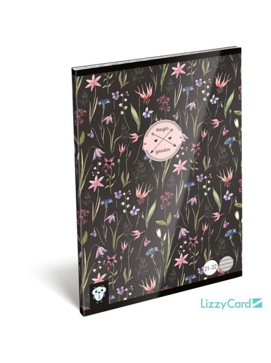 Lizzy Card virágos tűzött füzet A/5, 32 lap vonalas, Magic Garden, fekete