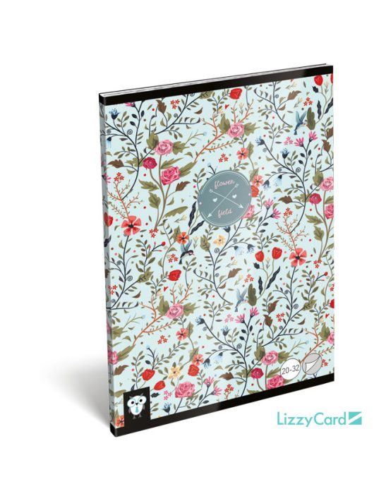 Lizzy Card virágos tűzött füzet A/5, 32 lap sima, Flower Field, türkiz
