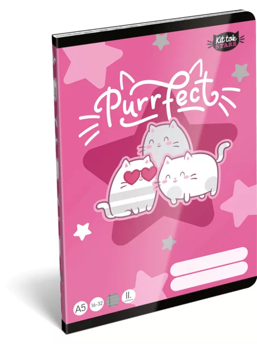 Cicás tűzött füzet A/5, 32 lap vonalas 2.osztály (16-32), Lizzysuli, Kittok Stars Purrfect