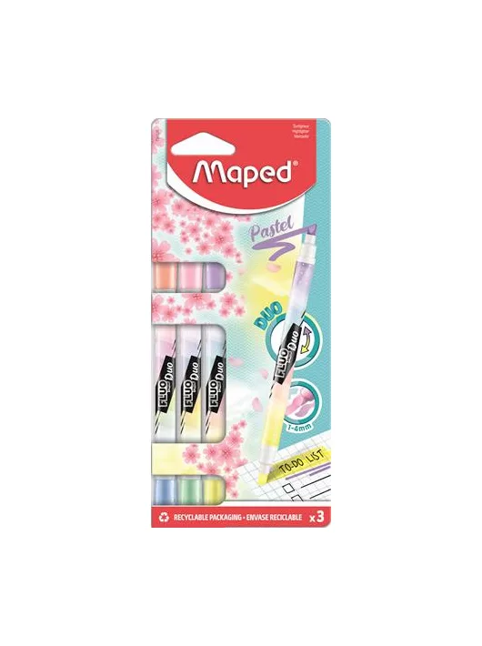 Szövegkiemelő készlet, 3/6 db-os, kétvégű, 1-5 mm, Maped Fluo Peps Duo, 6 különböző pasztell szín