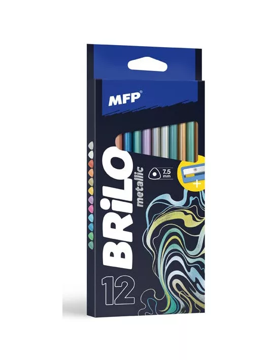 Színes ceruzakészlet 12 db-os, hegyezővel, háromszög test, metál, MFP
