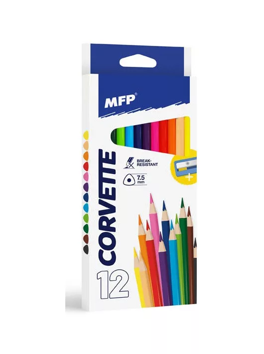 Színes ceruzakészlet 12 db-os, hegyezővel, háromszög test, MFP