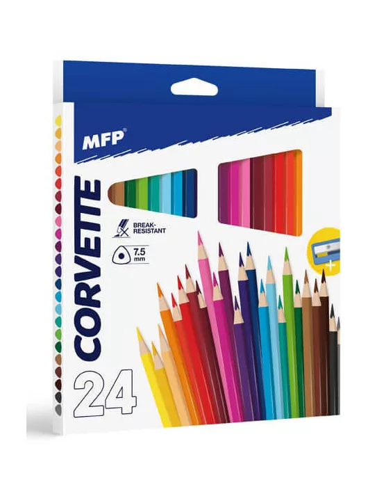 Színes ceruzakészlet 24 db-os, hegyezővel, háromszög test, MFP