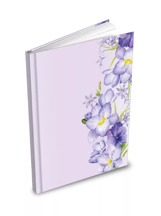 Jegyzetfüzet, keményfedeles notesz A/5, 100 lapos, kockás, lila virágos