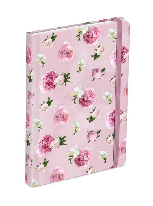 Keményfedeles notesz, A/5, 13x18cm, vonalas, 120 lapos, gumis pánttal, MFP, rózsaszín, bazsarózsa