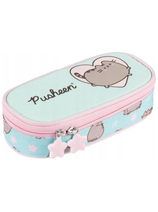 Pusheen cicás tolltartó, beledobálós, ovális, mentazöld