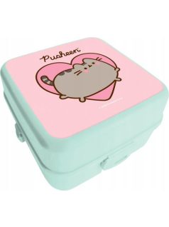 Pusheen cicás uzsonnás doboz, 14x14x8cm, zöld-rózsaszín