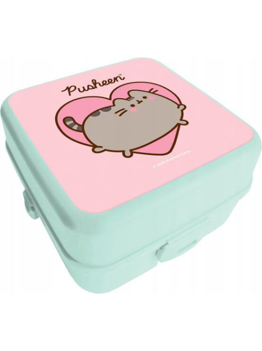 Pusheen cicás uzsonnás doboz, 14x14x8cm, zöld-rózsaszín