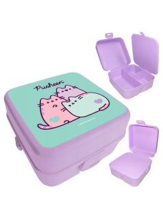 Pusheen cicás uzsonnás doboz, 14x14x8cm, lila-zöld