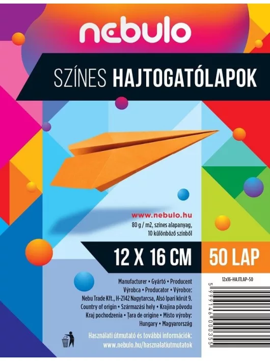 Színes papírok, hajtogatólap 12x16cm, 80g, 50 lap/cs, Nebulo