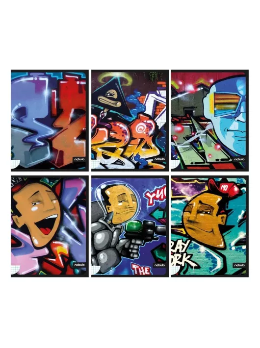 Vegyes mintás tűzött füzet A/4, 40 lap, kockás, prémium, Graffiti minták, Nebulo