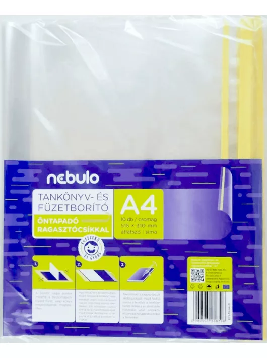Füzet- és tankönyvborító, A/4, öntapadós csíkkal, 10 db/csomag, Nebulo