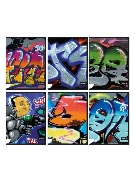 Vegyes mintás tűzött füzet A/4, 40 lap sima, prémium, Graffiti minták, Nebulo