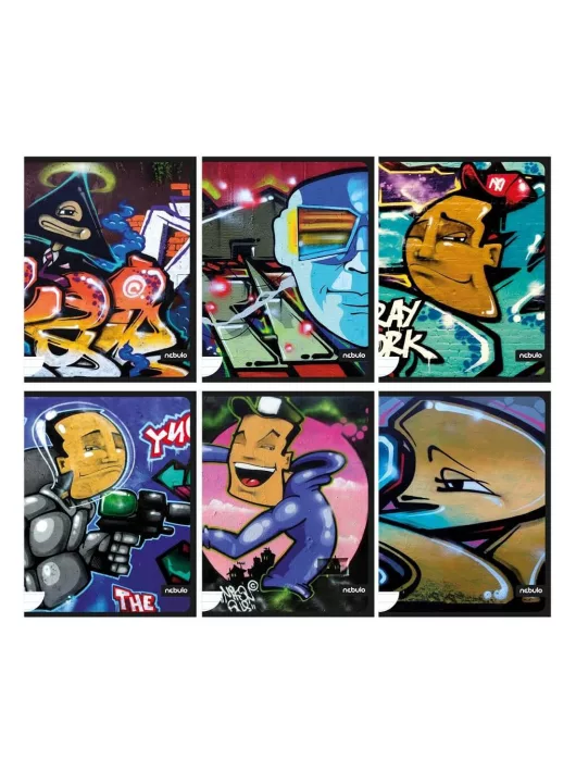 Vegyes mintás tűzött füzet A/4, 40 lap vonalas, prémium, Graffiti minták, Nebulo