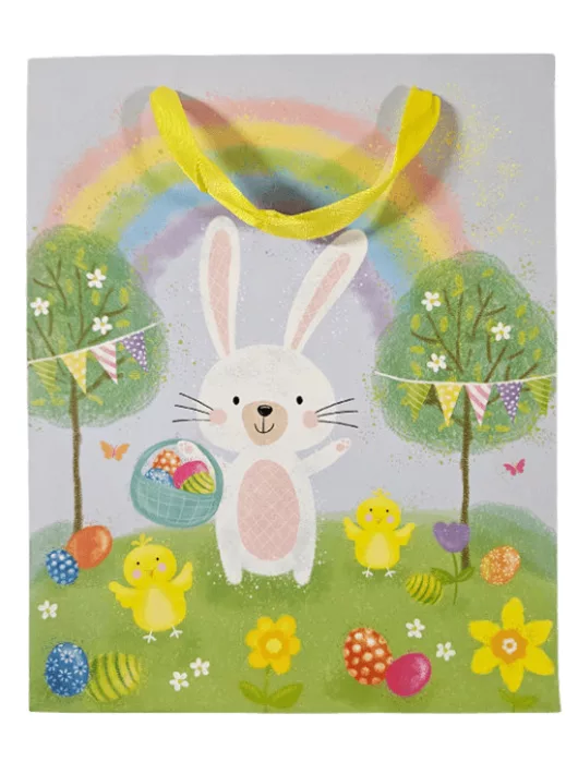 Húsvéti ajándéktáska 23x18cm, közepes, nyuszi szivárvánnyal, csibékkel