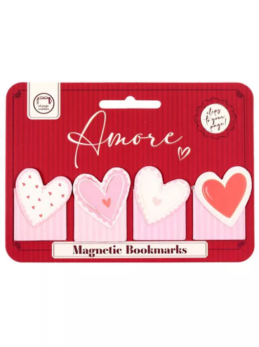 Szivecskés mágneses könyvjelző, 4 db/csomag, Amore