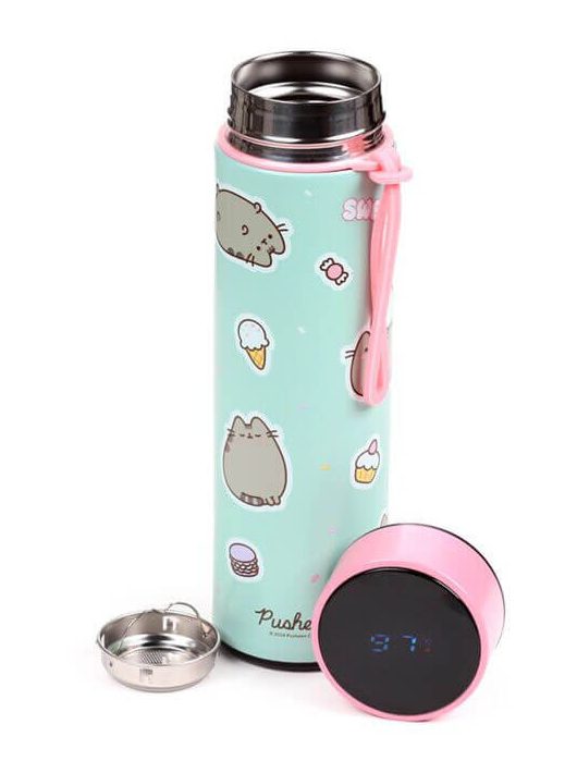 Pusheen cicás rozsdamentes acél thermo palack, digitális hőmérővel, 450 ml, Ínyenc Pusheen macska