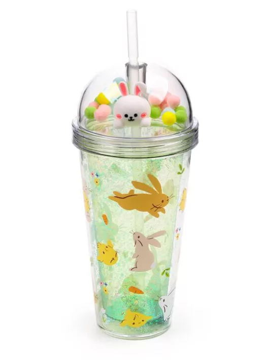 Nyuszis pohár pomponos tetővel és szívószállal, 500 ml, Springtime