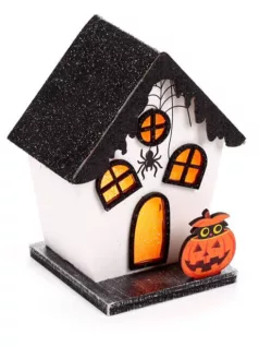   Halloweeni dekor házikó, LED-es, fehér-fekete, Kísérteties tök és pók, Spooky