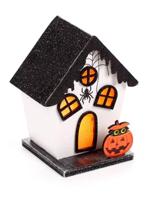 Halloweeni dekor házikó, LED-es, fehér-fekete, Kísérteties tök és pók, Spooky