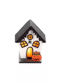   Halloweeni dekor házikó, LED-es, fehér-fekete, Kísérteties tök és pók, Spooky