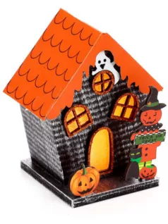  Halloweeni dekor házikó, LED-es, narancssárga, tök és szellem, Trick or Treat