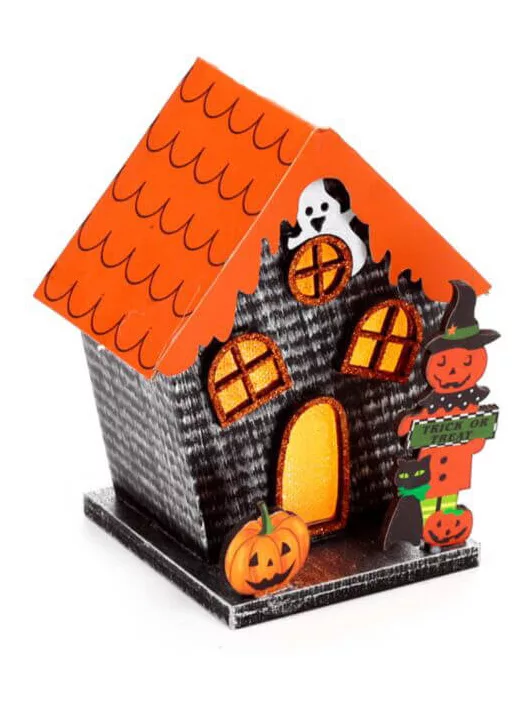 Halloweeni dekor házikó, LED-es, narancssárga, tök és szellem, Trick or Treat
