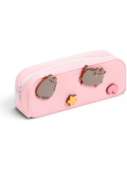 Pusheen cicás tolltartó, belefobálós, szögletes, szilikon, levehető díszekkel