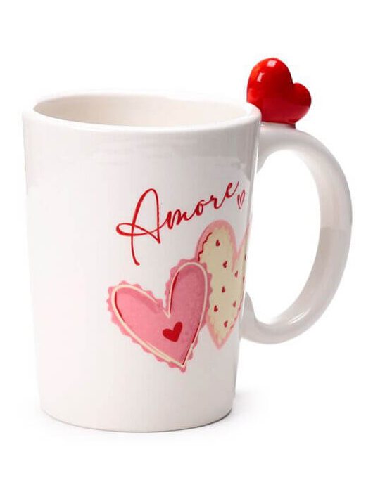Szívecskés bögre, kerámia, 10,5x12,5cm, 400ml, szív formával a fülén, Amore