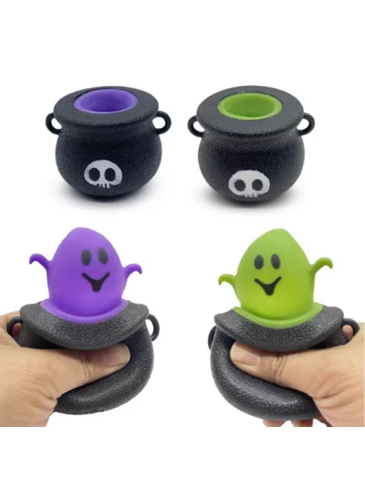 Halloweeni nyomogatható antistressz játék, üstből kiugró szellem, kísérteties Spooky, kétféle változat