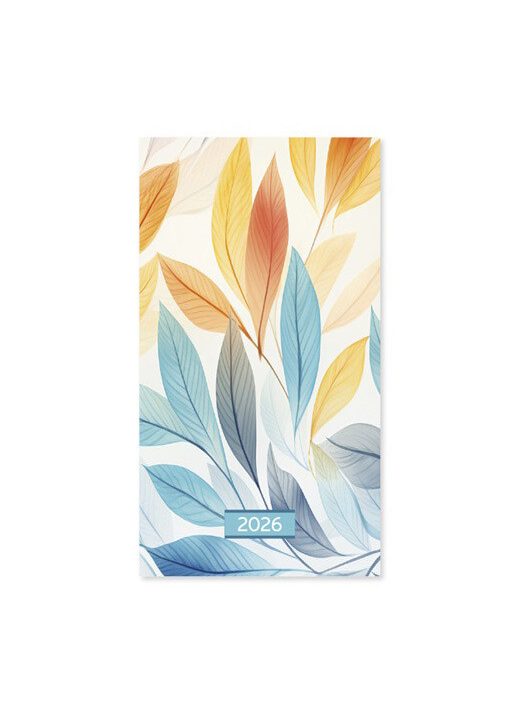 Period tűzött zsebnaptár, álló, 8,5x15,5cm, kétheti, 2026, Leaves