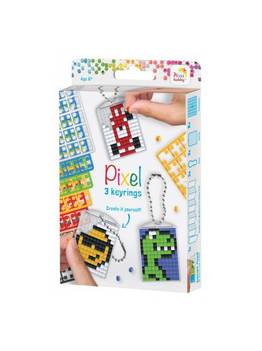 Pixel kulcstartókészítő szett 3 kulcstartó alaplappal, 8 színnel, mintákkal, fiús