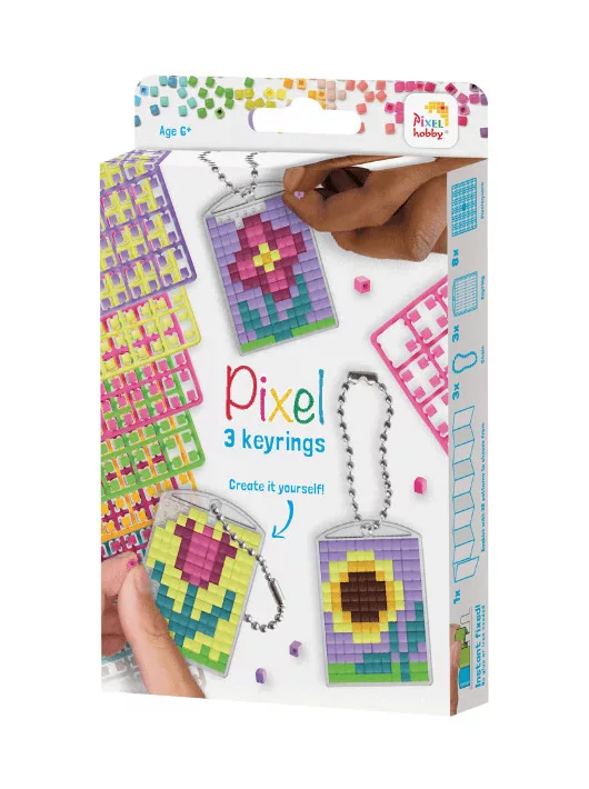 Pixel kulcstartókészítő szett 3 kulcstartó alaplappal, 8 színnel, mintákkal, tavaszi virágok
