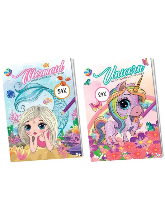 Glitteres színezőfüzet, A/4, 24 oldal, 2 ív matrica, kétféle változat (hableány, unikornis)