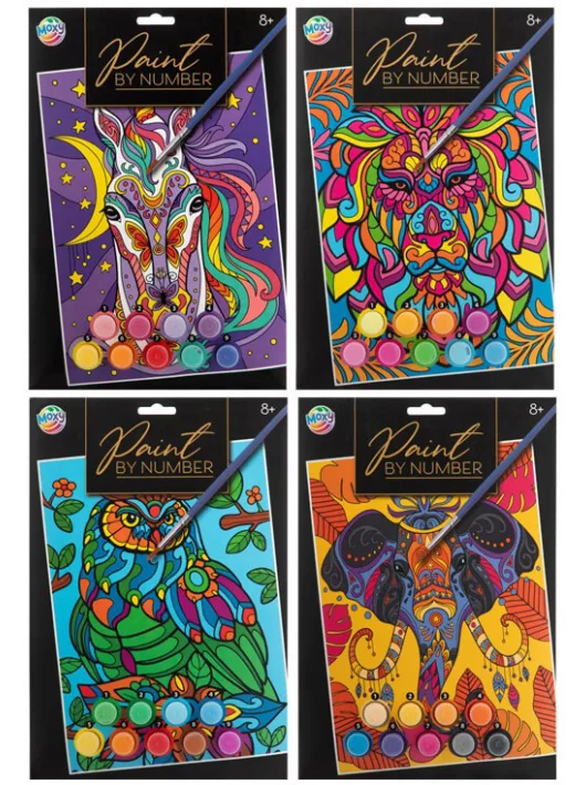 Festés számok szerint gyerekeknek élénk színekkel, A/4, 4 féle változat (ló, oroszlán, bagoly, elefánt)