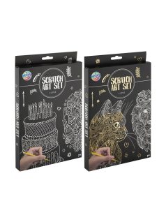   Képkarcoló szett, 8 karcolható lap (4 sima és 4 előrajzolt), 2 sablon, 2 féle változat (szülinap, állatok)