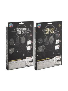   Képkarcoló szett, 8 karcolható lap (4 sima és 4 előrajzolt), 2 sablon, 2 féle változat (szülinap, állatok)