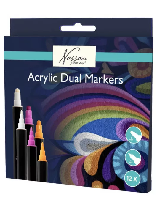 Akril filctoll készlet 12 db-os, kétvégű, 1mm és 5mm, Nassau fine art