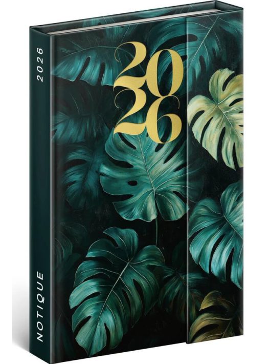 Realsystem mágnessel záródó agenda, határidőnapló, 11x16cm, heti tervező, 2026, Monstera
