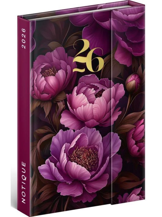 Realsystem mágnessel záródó agenda, határidőnapló, 11x16cm, heti tervező, 2026, Purple Flowers